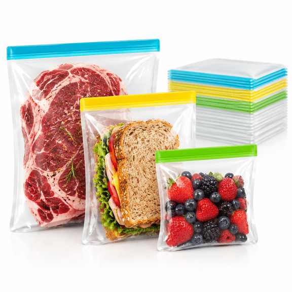 Reusable Ziplock Bags Various Sizes, Leakproof Reusable Freezer Bags for Food Storage, 24 Pack PEVA Thick Meal Prep Sandwich Baggies Set with Double Zipper