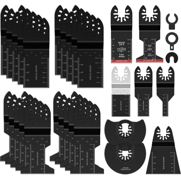 HKJUNFEI 28Pcs Oscillating Saw Blade Set Universal High Carbon Steel Bimetal Oscillating Multitool Blade with 3 Adapter for Wood Plasterboard