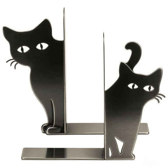 Cat Bookends for Shelves, Decorative Black Metal Bookends, Cute Cat Design Book Ends Non-Skid Holder Set for Home Office Desk, 2-Pack