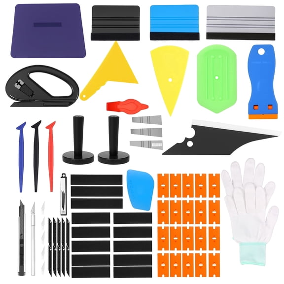 HKJUNFEI 51Pcs Complete Car Window Tint Vinyl Wrap Tool Kit with Anti Static Gloves Magnetic Positioning Replaceable Felt Squeegee ABS Rubber