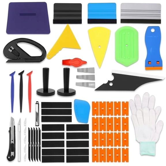 HKJUNFEI 51Pcs Complete Car Window Tint Vinyl Wrap Tool Kit with Anti Static Gloves Magnetic Positioning Replaceable Felt Squeegee ABS Rubber