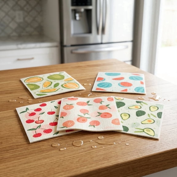 Swedish Dishcloths for Kitchen - Strawberry Fruit Themed Reusable Cleaning Cloths, 3D Textured 7.68x6.69 in Cellulose Sponge Dish Towels, 5 Pack
