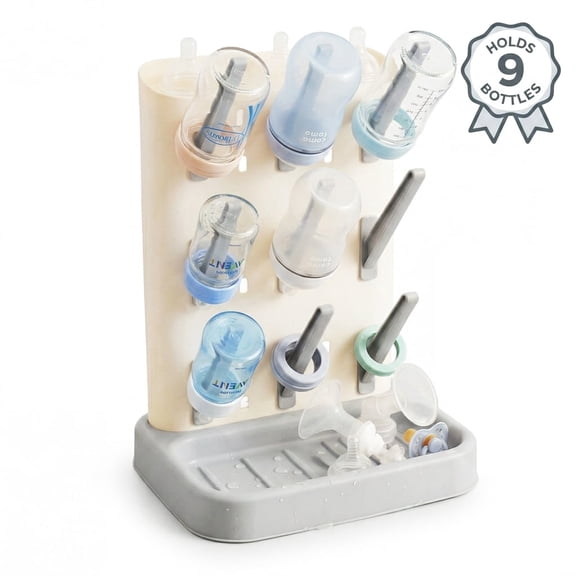 Baby Bottle Drying Rack with Removable Drip Tray, Space Saving Countertop Bottle Holder and Dryer Organizer for Nipples, Pump Parts, 9 Pegs Large Capacity