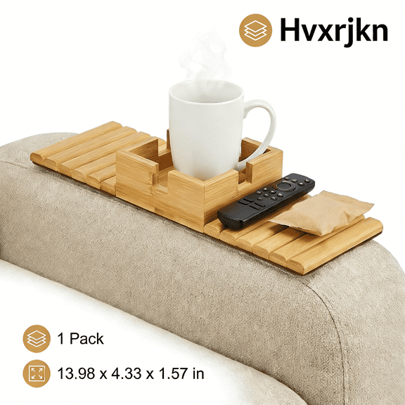 Hvxrjkn Bamboo Couch Arm Tray Non-Slip Sofa Cup Holder with Large Cup Slot Foldable Couch Armrest Table for Sofa Loveseat Recliner Home Living Room