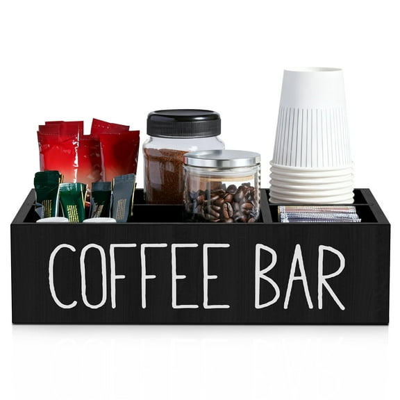 HKJUNFEI Coffee Bar Organizer with Solid Wood Coffee Station Storage Box Removable Divider for Home Restaurant Coffee Bar ( Black )