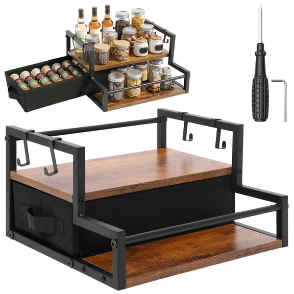 Coffee Bar Organizer 2 Tier Countertop Spice Rack Shelf with Slide Out Drawer and 4 Hooks for Mug Kitchen Rustic Wood Metal Storage