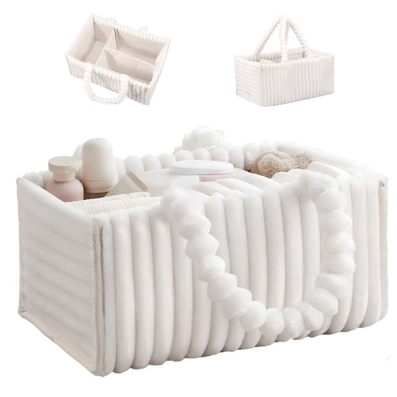 HKJUNFEI Diaper Caddy Organizer Soft Plush Material Baby Diaper Caddy Portable Wide Handle Design for Boys Girls Newborn ( White )
