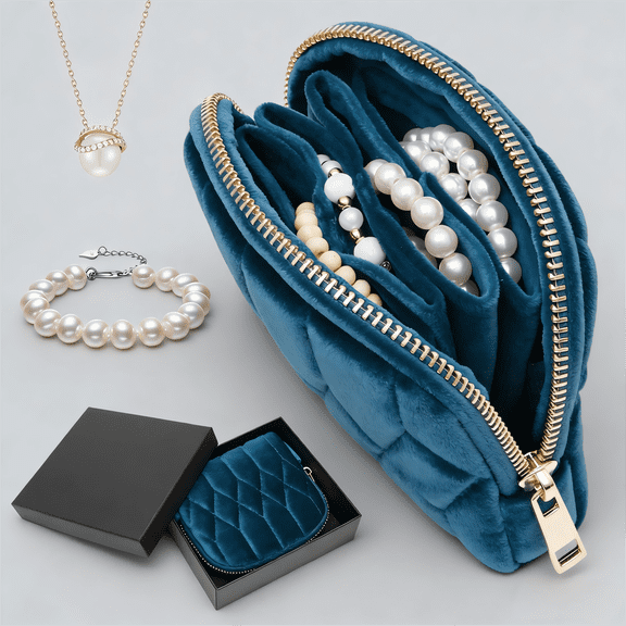 OKYMOTOR Velvet Jewelry Travel Case - 5 Independent Compartments Organizer Compact On-the-Go Storage Pouch for Bracelets Rings Earrings