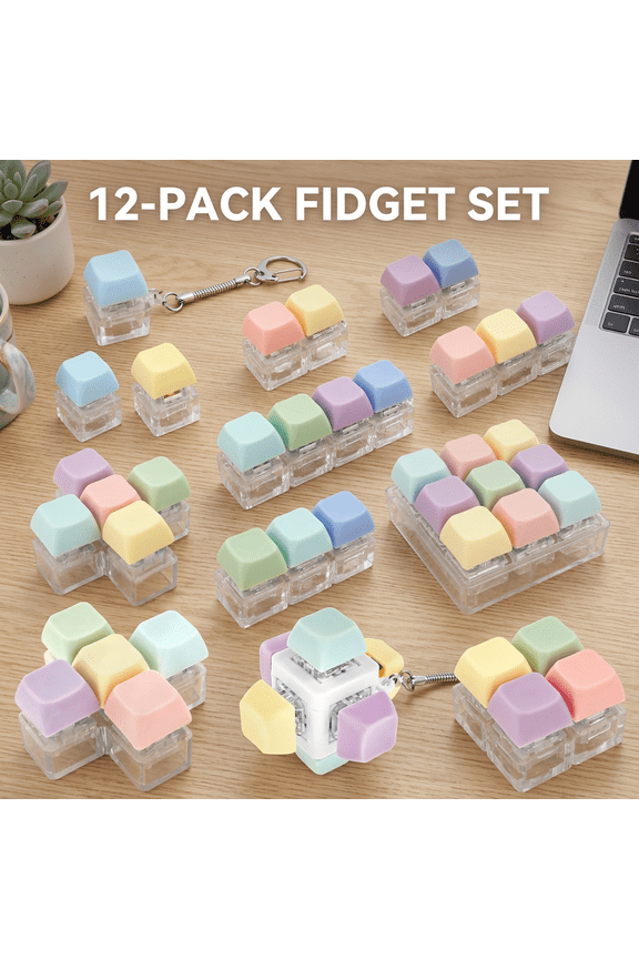 Keyboard Fidget Toy Keychain, 12 Pcs Clicky Mechanical Switch Fidget Pack, 8 Shapes Keypad Stress Relief Toys for Office Desk, Coworker Gifts