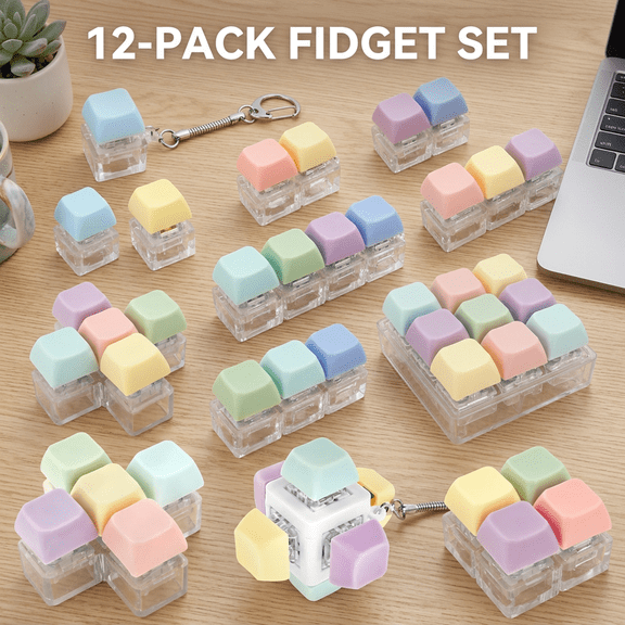 Keyboard Fidget Toy Keychain, 12 Pcs Clicky Mechanical Switch Fidget Pack, 8 Shapes Keypad Stress Relief Toys for Office Desk, Coworker Gifts