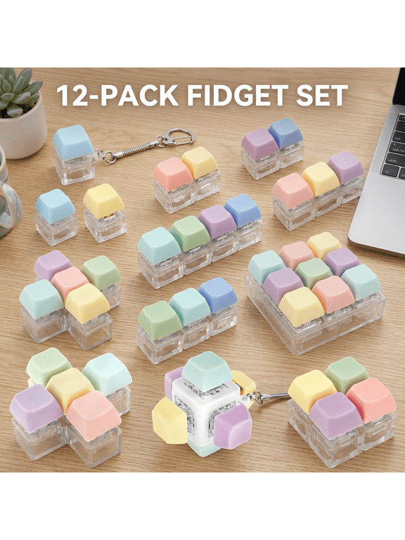 Keyboard Fidget Toy Keychain, 12 Pcs Clicky Mechanical Switch Fidget Pack, 8 Shapes Keypad Stress Relief Toys for Office Desk, Coworker Gifts