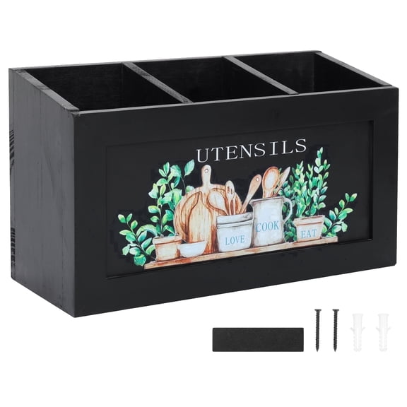 Kitchen Utensil Holder Wooden Utensil Caddy with 3 Compartments, Black Farmhouse Silverware Organizer for Countertop & Wall Mounted Cooking Tool Storage