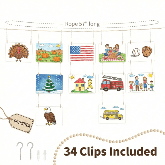 OKYMOTOR Photo Hanging Display Wooden Bead Picture Holder for Wall Kids Artwork Family Photos Postcards