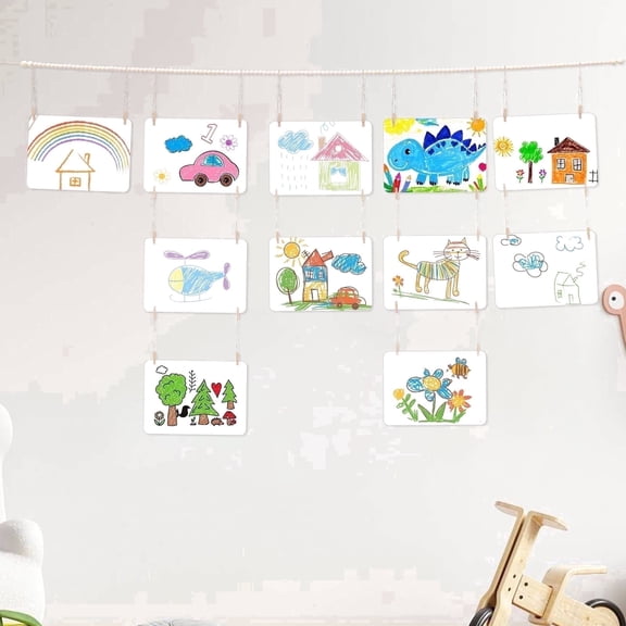 OKYMOTOR 57 Inch Wooden Bead Photo Display Hanger - 34 Clips Kids Artwork Wall Holder for Hanging Pictures, Postcards and Family Photos