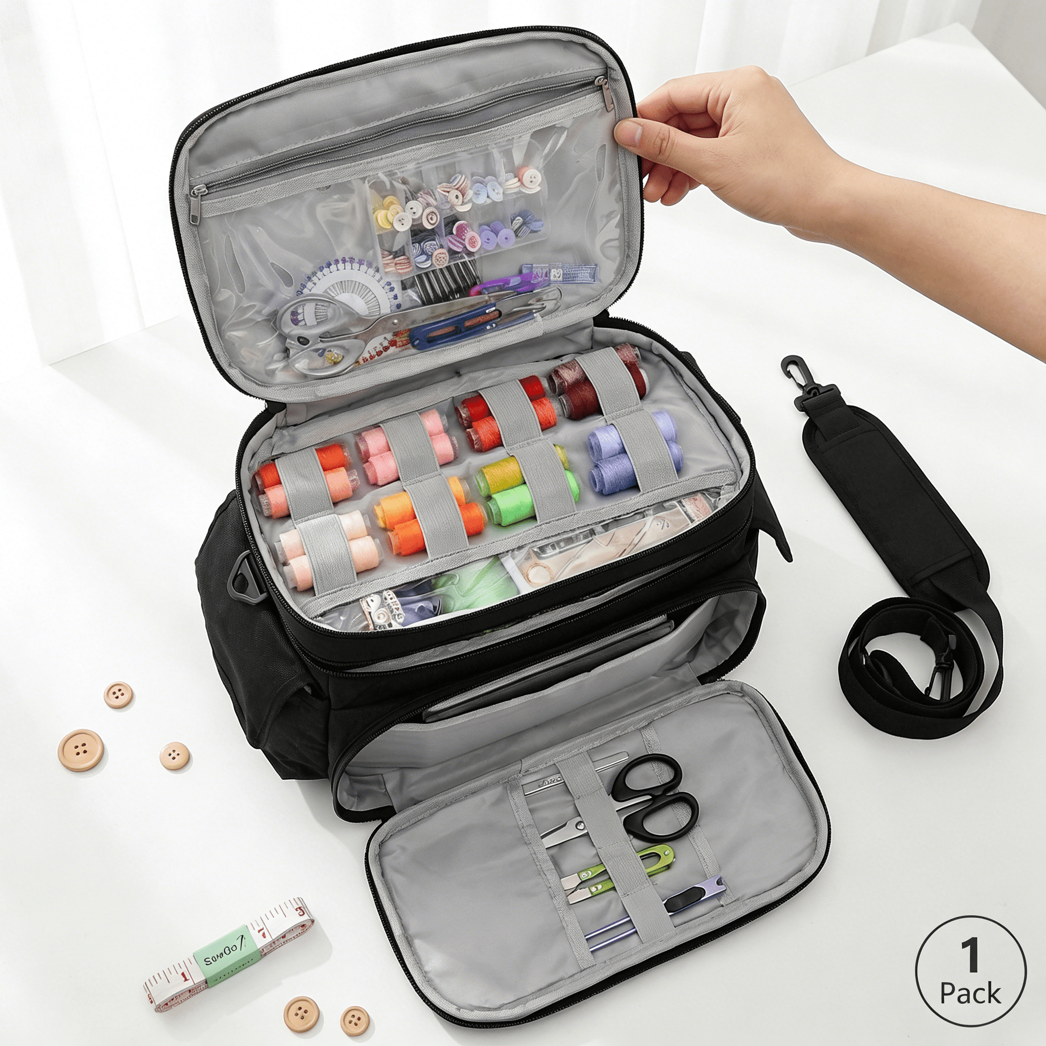 Hvxrjkn Double-Layer Sewing Bag Organizer – Removable Dividers, Portable Shoulder Strap, Waterproof & Wear-Resistant, Stores Threads, Needles & Tools