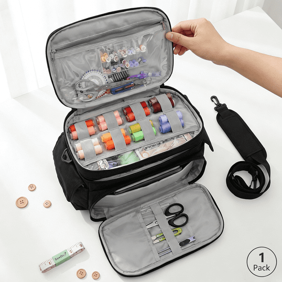 Hvxrjkn Double Layer Sewing Box, Removable Dividers, Portable Shoulder Strap, Waterproof & Wear-Resistant Storage for Threads, Needles & Tools