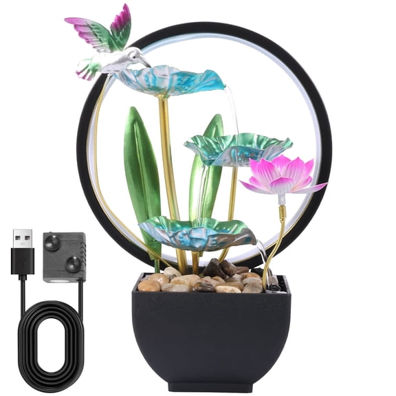HKJUNFEI Tabletop Waterfall Fountain with Metal and Plastic Construction 3 Tier Leaf and Flower Water Fountain for Office Home Desk