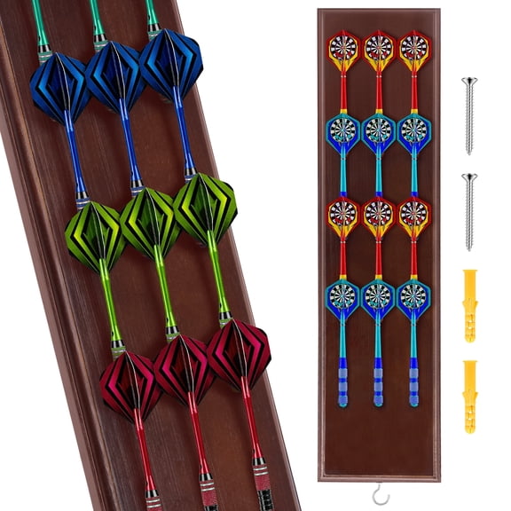 HKJUNFEI Thickened Wood Wall Mounted Darts Holder Large Capacity Slot Design for 12 Darts for Game Room Apartment ( Red Brown )