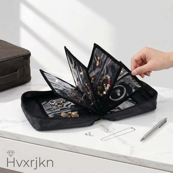 Travel Jewelry Case Organizer Book, Loose-Leaf Jewelry Travel Pouch with 6 Zippered Velvet Compartments, Water-Resistant Nylon Storage Bag Binder for Earrings, Rings, Necklaces, Bracelets