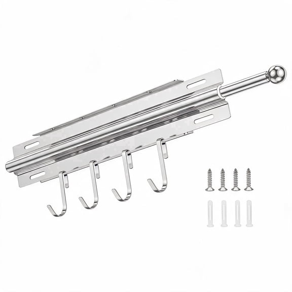 Valet Rod for Closet Pull Out Fits Wardrobe, Stainless Steel Slide Out Clothes Rail with 4 Detachable Hooks, Heavy Duty Top Mount Closet Organizer Bar for Belts Ties