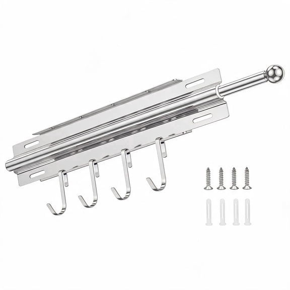 Valet Rod for Closet Pull Out Fits Wardrobe, Stainless Steel Slide Out Clothes Rail with 4 Detachable Hooks, Heavy Duty Top Mount Closet Organizer Bar for Belts Ties