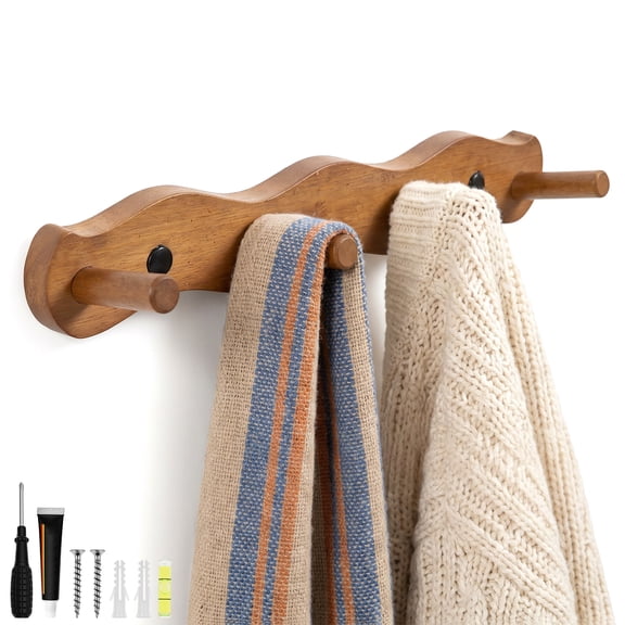 HKJUNFEI Wall Mount Coat Rack with Walnut Wood Material Strong Load Bearing and Wide Use for Hanging Clothes Keys Robes Purse Towels Bags Backpack