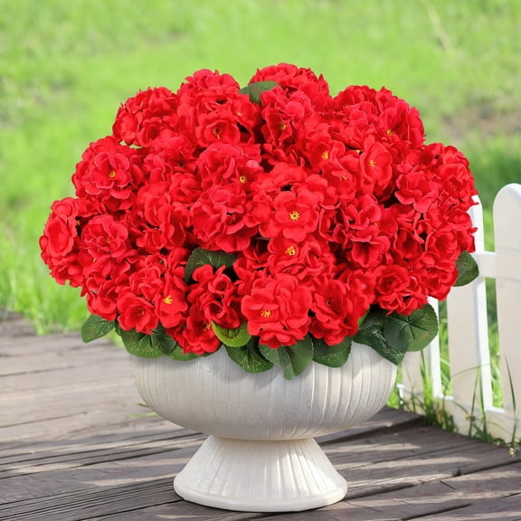 HKKDKTA 12 Pcs Artificial Geraniums for Outdoors Realistic Artificial Flowers, UV Resistant Red Fake Geraniums Silk Flowers for Porch, Garden Decor