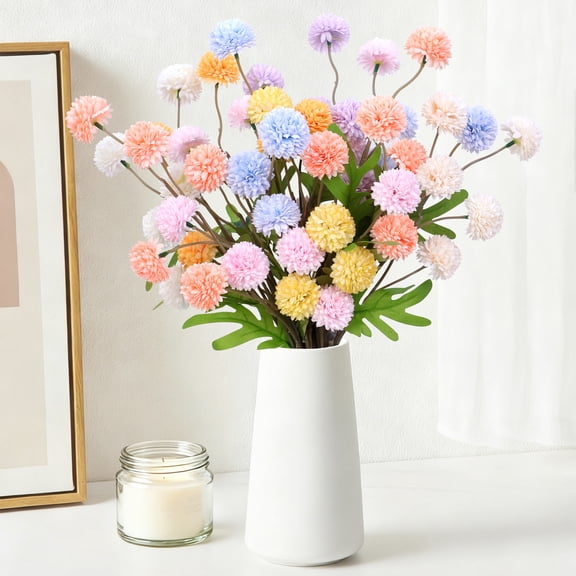 HKKDKTA 12 Pcs Faux Kiku Flowers,Artificial Pompon Mums Stems, Small Fake Chrysanthemum for Wedding, DIY Bouquet, Vase Filler Home Decor