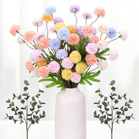 HKKDKTA 12 Pcs Faux Kiku Flowers,Artificial Pompon Mums Stems, Small Fake Chrysanthemum for Wedding, DIY Bouquet, Vase Filler Home Decor