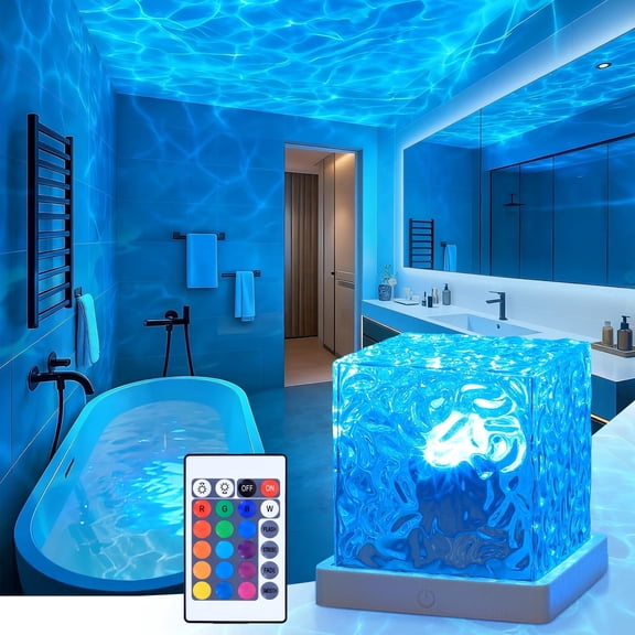 HKKDKTA 16 Color Changeable Ocean Wave Projector Light, Dimmable Waterproof Shower Lamp with Remote,Rechargeable Light for Shower, Bathroom, Bedroom