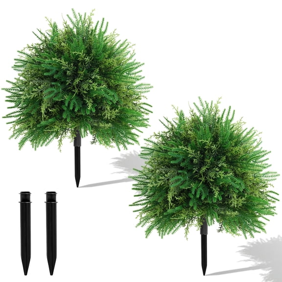 HKKDKTA 2 Pack 24" Artificial Cypress & Norfolk Pine Topiary Ball Trees with Ground Spikes for Christmas Decor