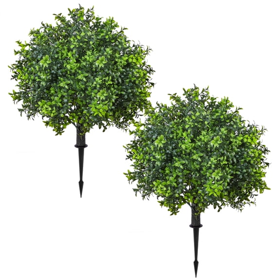 HKKDKTA 2 Pack Artificial Boxwood Topiary Ball Trees with Ground Spike,UV Resistant Faux Bushes Plants for Indoor Outdoor Garden Patio Decor