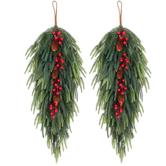 HKKDKTA 2 Pcs 30" Norfolk Pine Christmas Swag with Berries & Pinecones for Door, Xmas Decor