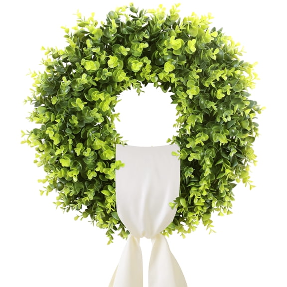 HKKDKTA 20'' Boxwood Wreath, Artificial Boxwood Wreaths for Front Door, Spring Summer Green Wreath with Wreath Sash Indoor Outdoor Home Decor