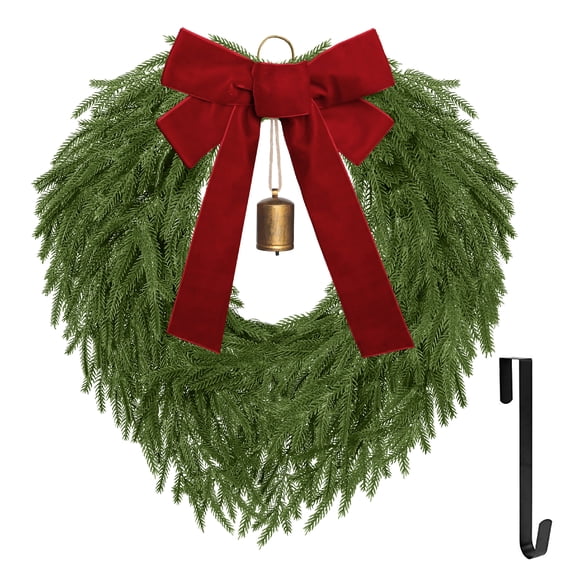 HKKDKTA 24" Christmas Wreath for Front Door, Christmas Door Wreath with Bow, Bell & Hook, Xmas Decor