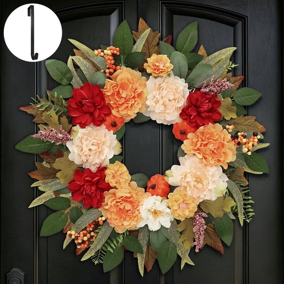 HKKDKTA 24" Fall Wreath for Front Door, Artificial Peonies Autumn Wreath with Hook, Thanksgiving Harvest Decor