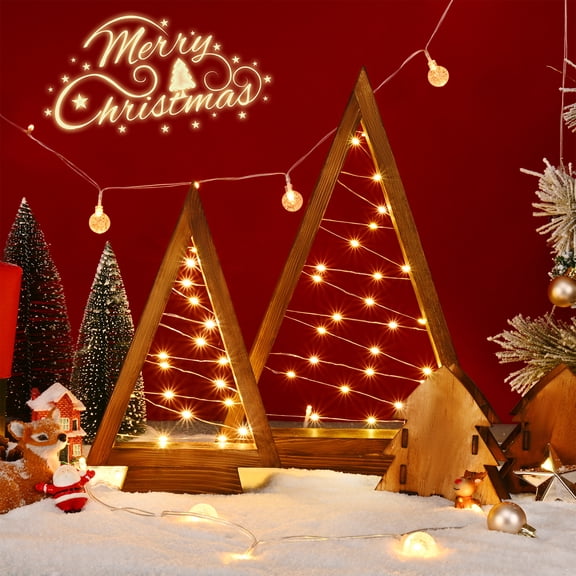 HKKDKTA 2Pcs Tabletop Christmas Decorations, Triangle Wooden Christmas Tree with Light