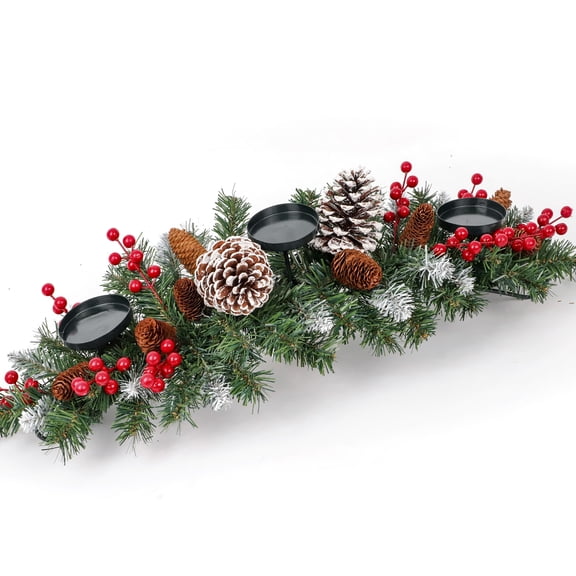 HKKDKTA 32'' Christmas Centerpiece with 3 Candle Holders, Dining Table Holiday Decor with Berries, Pinecones