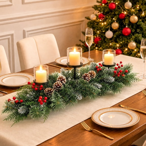 HKKDKTA 32 inch Christmas Table Centerpiece with 3 Candle Holders, Pine Pinecone Red Berry Holiday Mantel Decor