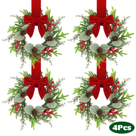 HKKDKTA 4 Pcs 11 Inch Mini Christmas Wreaths with Ribbon for Windows Kitchen Cabinets