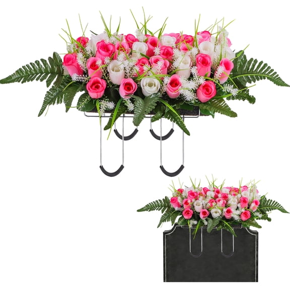 HKKDKTA Artificial Cemetery Flower Saddle for Headstones, Extra Large Silk Rose Bouquet,Memorial Flowers for Grave Decor,Outdoor Tombstones(Pink White)
