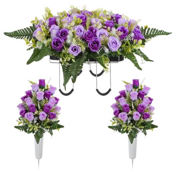HKKDKTA Artificial Cemetery Flowers,2 Silk Rose Bouquets with Vases and Headstone Flower Saddle,Memorial Flowers for Grave Decor,Outdoor Tombstones(Purple)