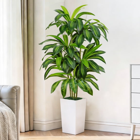 HKKDKTA Artificial Dracaena Tree 5FT with Tall White Pot, Faux Plants Indoor Outdoor, Silk Plants for Modern Home Decor Living Room Office Porch