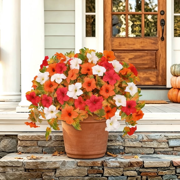 HKKDKTA Artificial Fall Flowers Fake Petunias for Outdoor, 2 Pcs Silk Flowers UV Resistant for Garden Balcony Yard Porch Indoor Decor