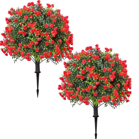 HKKDKTA 2 Pack Artificial Red Rose Topiary Ball Trees with Ground Spike, UV Resistant Fake Outdoor Shrubs for Garden, Patio, Porch & Planters