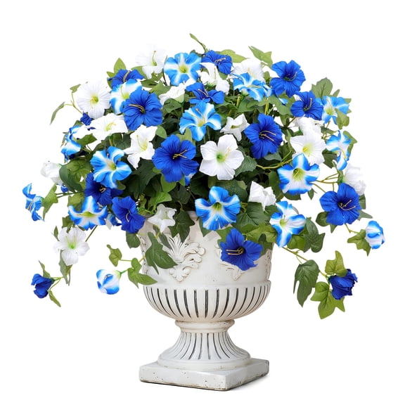 HKKDKTA Artificial Flowers for Outdoors,4pcs Artificial Petunias Silk Flower UV Resistant for Garden Balcony Yard Porch (Blue White)