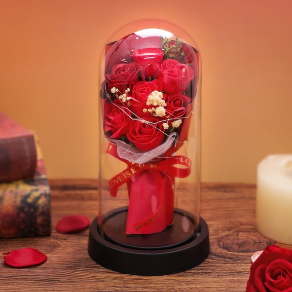 HKKDKTA Artificial Rose Gift for Her, Red Rose in Glass Dome with LED, Flowers Bouquet Gift for Mother's Day, Anniversary, Birthday, Wedding, Grandma