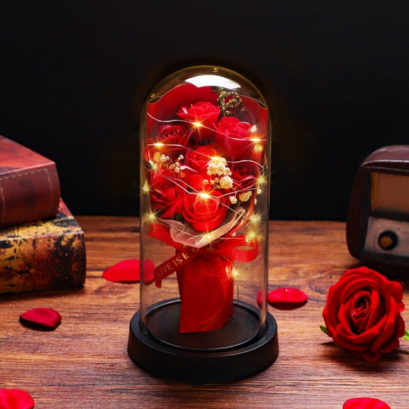 HKKDKTA Artificial Rose Gift for Her, Red Rose in Glass Dome with LED, Flowers Bouquet Gift for Mother's Day, Anniversary, Birthday, Wedding, Grandma