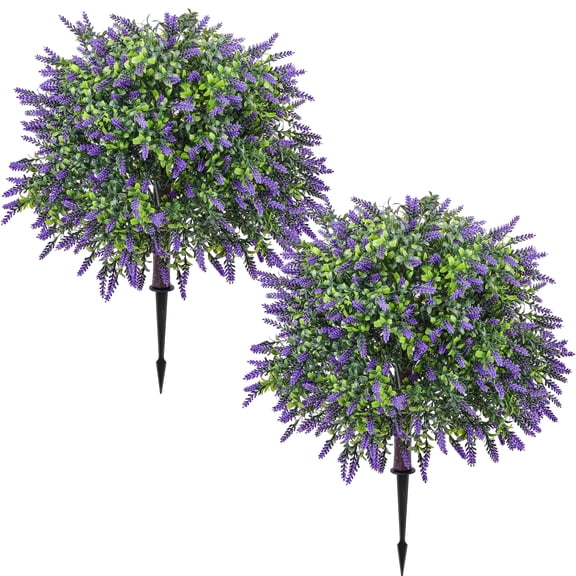 HKKDKTA 2 Pack Artificial Lavender Topiary Ball Trees with Ground Spike, UV Resistant Fake Outdoor Shrubs for Planters, Patio, Garden & Indoor Decor