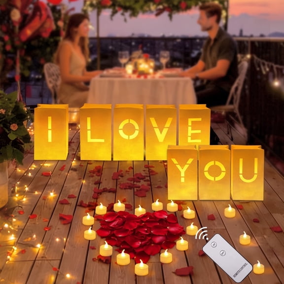 HKKDKTA I Love You Luminary Paper Bags with 24 LED Candles & Remote, Light Up Decorations for Anniversary, Wedding, Engagement & Party Table Decor